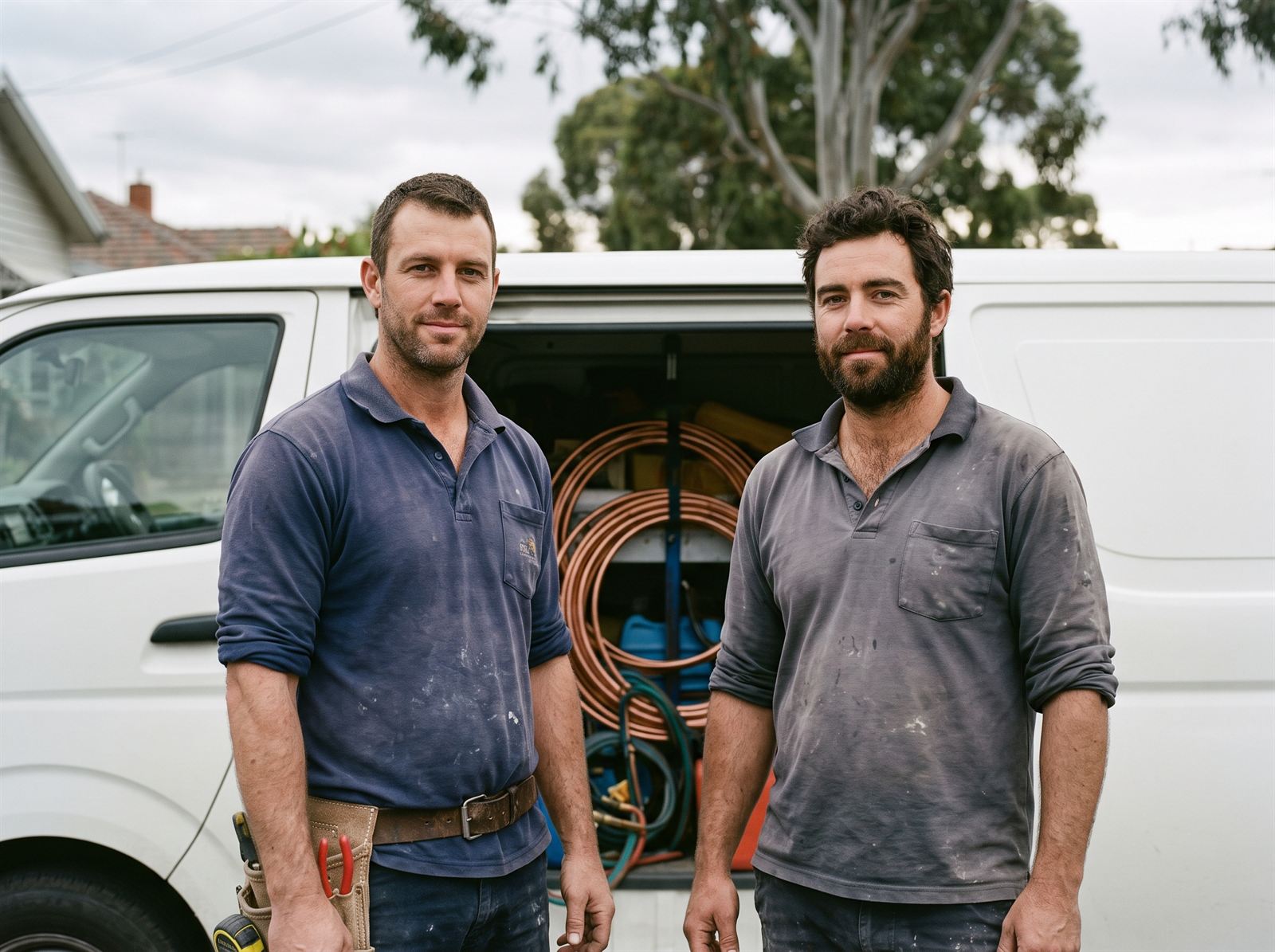 Dave and Sam standing in front of their plumbing van, tools and copper pipe visible in the back.